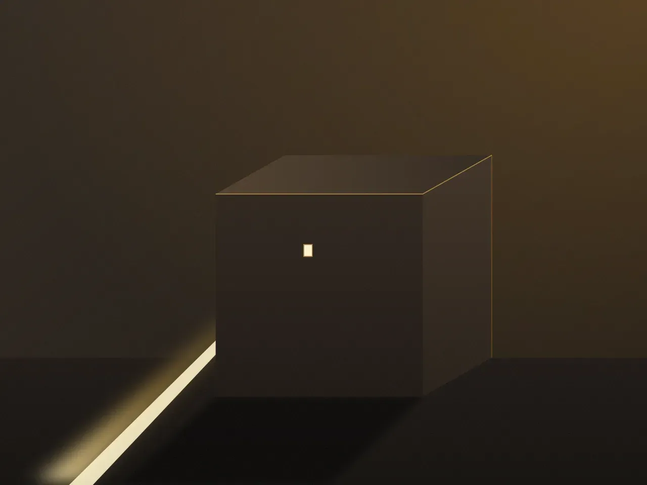 A closed box with one narrow slit. A single blade of light leaves it toward the lower left.